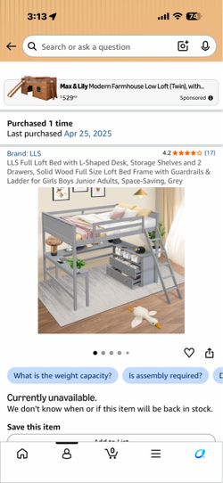 Full size Loft bed frame with desk and drawers