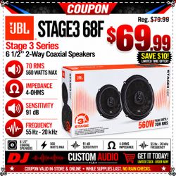 JBL Stage3 68F 6.5" 2-Way Coaxial Car Audio Speakers Pair 6-1/2 Inch Gen2 140W RMS 1120W Peak 4-Ohm High Sensitivity Factory Door Drop-In Replacement