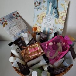 Beauty Basket Filled With Lots Of Beauty Related Products.