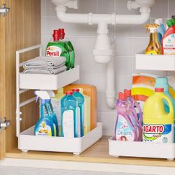 (1111-51) EVERIE Height Adjustable 2 Tier Metal Pull Out Slide Shelf Organizer for Under Sink Cabinets in Kitchen, Bathroom, with Snap-on Top Tray, 16