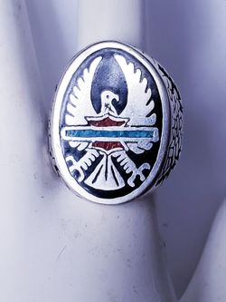 LARGE SILVER TURQUOISE & CORAL MEN'S RING "NICE"