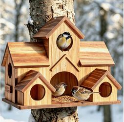 5-Hole Wooden Birdhouse – Outdoor Hanging Lodge-Style Nesting House