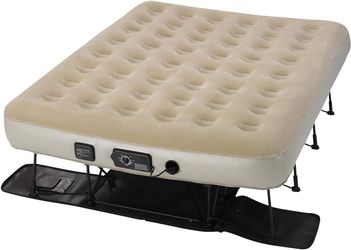 EZ Raised Foldable Portable Air Mattress Bed with Built In NeverFlat AC Pump, Rolling Duffel Bag, Steel Frame, Tan, Queen Bed