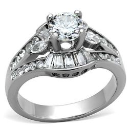 Womens Stainless Steel Round White AAA Cubic Zirconia Wedding Ring 