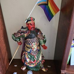 Rare 21" Wucai Porcelain Ceramic Figurine Guan Gong Yu Warrior God Dragon Statue