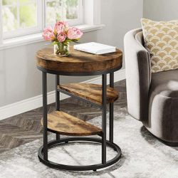 Round End Table, Small Side Table Nightstand With 3-Tier Shelves