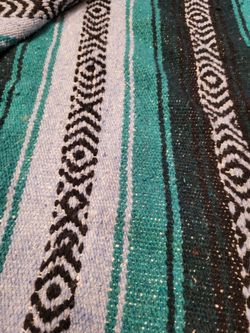 Mexican Falsa Yoga Woven Serape Blanket with classic woven fringe edges #1 teal/black 46x72"