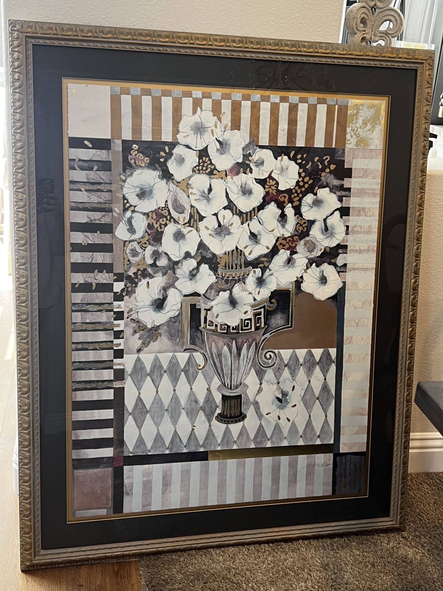 Very Large Flower Decorative Matted Print - Black, Gold & White