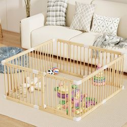 Large Wooden Baby Playpen, Adjustable Gate for Toddler and Babies, Sturdy Fence Baby Play Yard with Door, Portable Safe Play Area Kids Activity Center