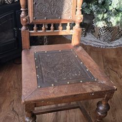 Antique 1890s French Henri II Style?? Embossed Leather Chair