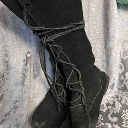 Black Suede Moccasin Style Lace-up Over Knee Boots