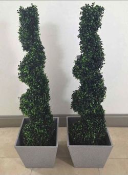 *** JUST REDUCED *** PAIR of 46" Boxwood Spirals in 12" Heather Gray Resin Planters (2 for $110) @ Lasting Creations