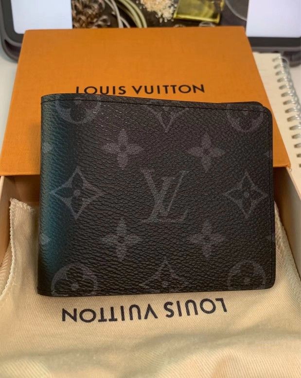 LV Slender Classic Old Flower Eclipse Compact Slim 8 Card Slots 1 Bill Holder Coated Canvas Card Wallet Wallet Small Men's Black