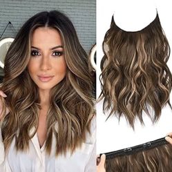 REECHO Invisible Wire Hair Extensions with Thinner Softer Lace Weft (Chocolate Brown with Blonde Highlights, 12 Inch (Pack of 1))