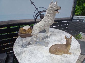 Franklin mint german bisque wolf and deer doe porcelain bisque figurine with glass crystal base