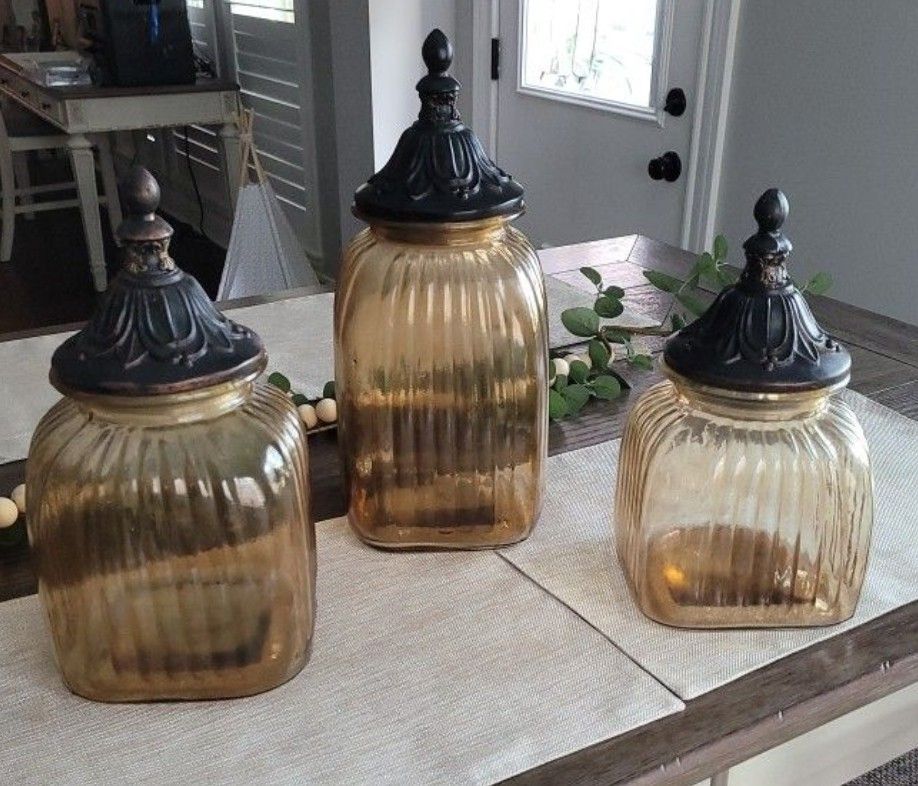 Glass Canisters & Two Glass Candle Holders 