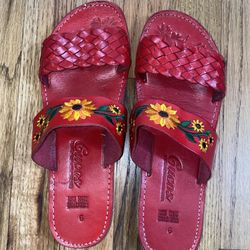 Cucos Calzado Handmade In Mexico Leather Sunflowers Flat Women's US Sz 8 Mex 6