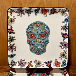 Set 2 Maxcera Day Of The Dead 10” Square Platter Plate Dish Skull Halloween
