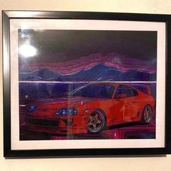 Retro Tron Toyota Supra Art Piece on black frame