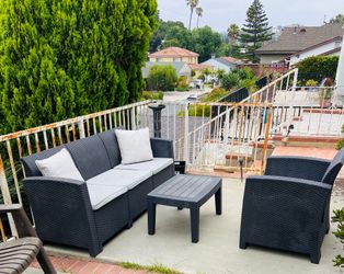 5-Piece Patio Furniture Set + 10’ Cantilever Umbrella & Weighted Base