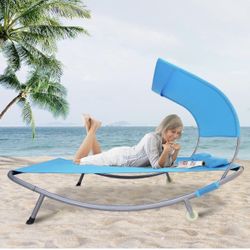 Double Chaise Lounge Bed with Canopy,Headrest Pillow and Wheels,Portable Outdoor Hammock Bed for Patio, Yard, Pool(Blue)