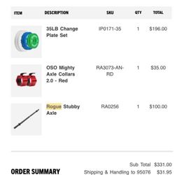 Rogue fitness, hex dumbells, change plates, bumper plates