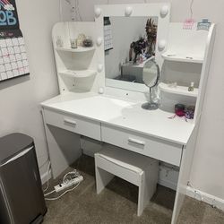 Girls Vanity Desk with Lights & Seat - White