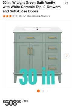 30-Inch Light Green Bath Vanity with White Ceramic Top