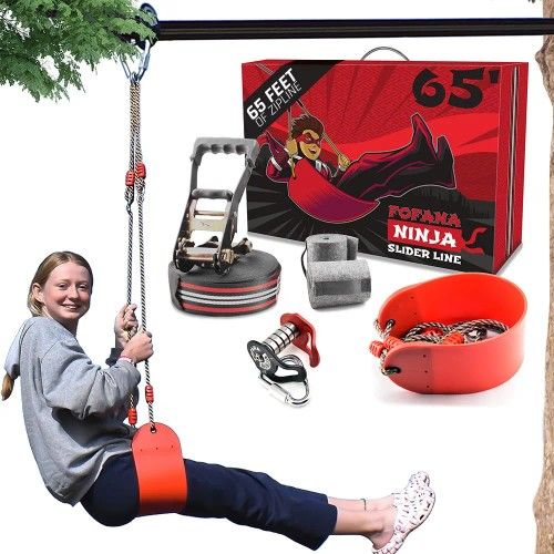 Ninja Slider Zip Lines for Kids and Adults Outdoor - 65 Ft Slackline Zipline Kits for Backyard - Obstacle Course - Zipline for Backyard - Ninja Warrio