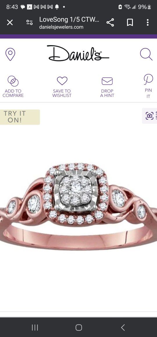 $100 5/12 Today Only 10k Rose Gold 1/5 CT Womens Ring Size 9
