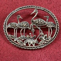 Vintage Art Deco Sterling Marcasite Heron Flamingo Crane Pin / Brooch 925 marked & Tested