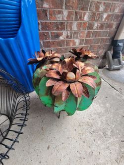 Garden porch yard decor. Metal cactus, flower planter