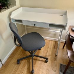 White IKEA Hauga Desk And Gray Bleckberget Office Chair