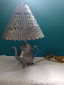 Metal Teapot Lamp with Punched Metal Shade Serpent Spout 