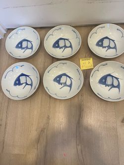 Vtg Chinese Koi bowls set of 6, blue and white