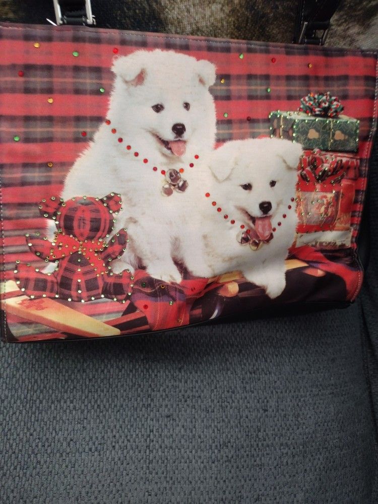 Brand New Leather Handbag With White Puppies With Christmas Background 