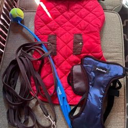 Assorted Dog items, dog coat, harness , leash, chuckit