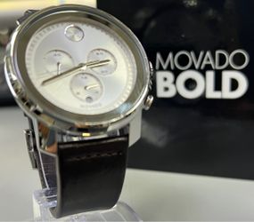 Movado Bold Chronograph 44mm Stainless Steel Leather Band Mns Watch