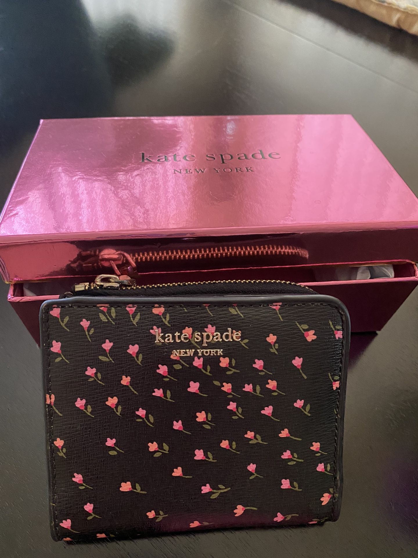 Small Black Kate Spade Wallet With Pink Flowers