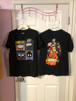 Nartuo Shippuden x 1 shirt  Hello Kitty And Friends and one shirt the Squad 7. Lot Of 2 Mens Size Medium Tshirts.  The back on the shirts are solid co