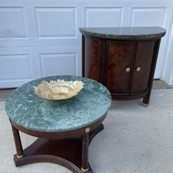 Bombay Co Neoclassical Empire Style Mahogany Marble Top Coffee Cocktail Table, With Side Buffet Credenza.