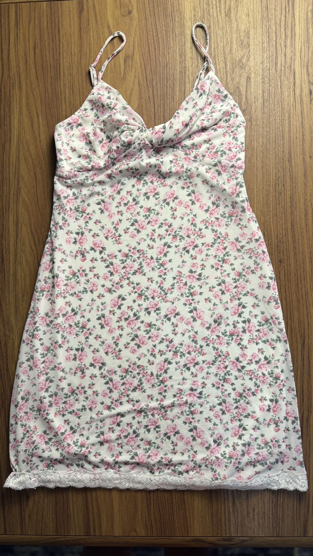 KIRIOUS Floral Slip Dress Size S White Pink Roses Lace Trim Stretch Lingerie