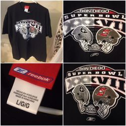 Raiders buccaneers super bowl men's medium shirt good condition by reebok .30' length 24' pit to pit