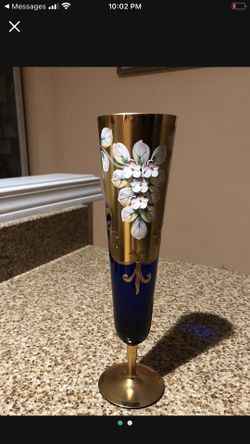 Six Vintage Cobalt Blue Czech/Bohemian Floral Enamel Gold Vine Glasses 