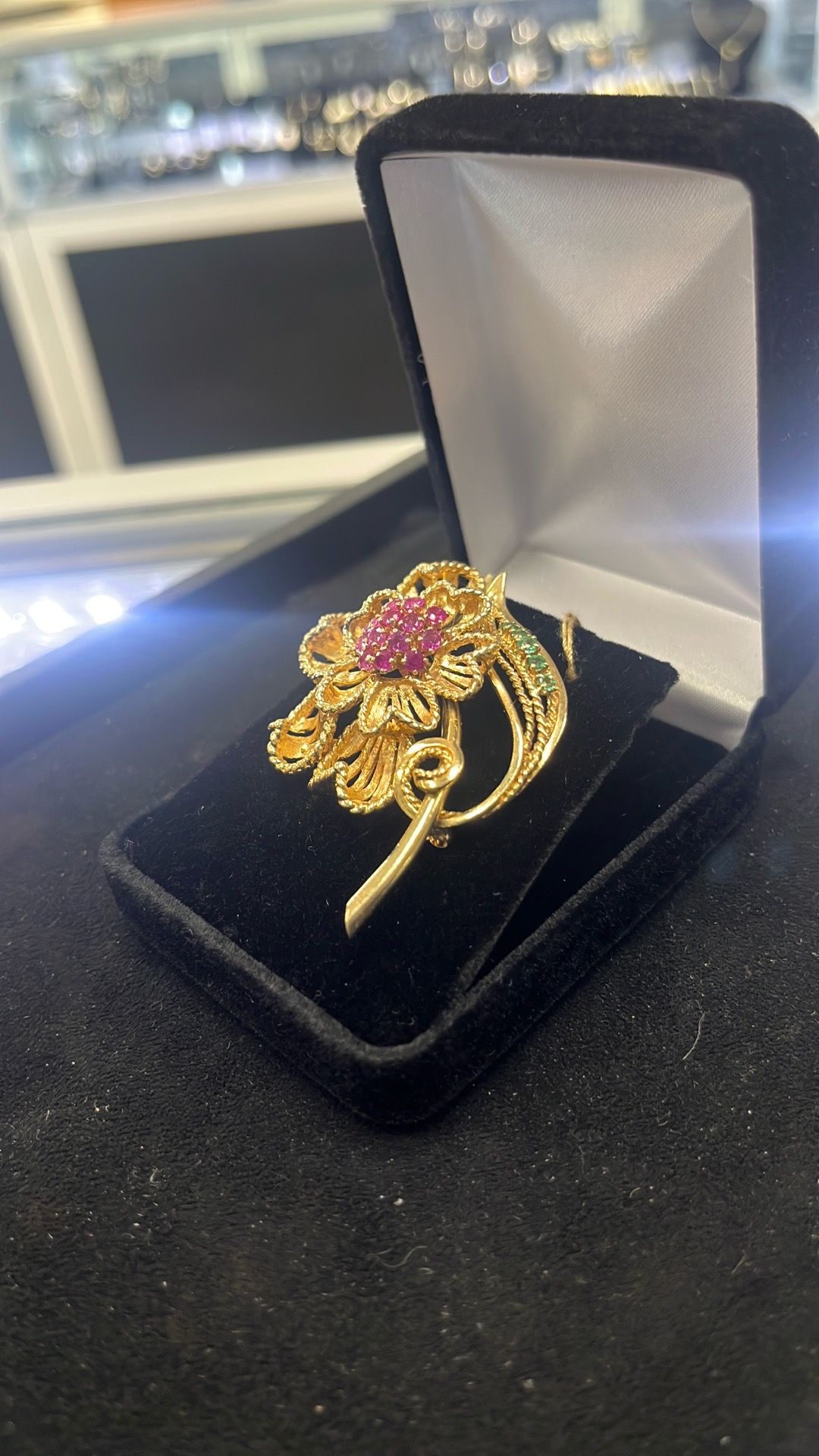 14k Gold Pendant Ruby & Emerald Flower Brooch