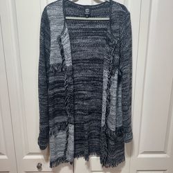 Bobeau White and Black Stripes Cardigan With fringe