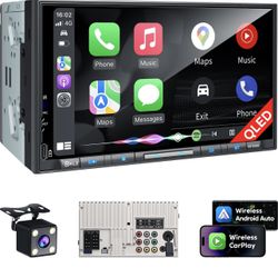 PLZ 7" Wireless Double Din Car Stereo Apple Carplay Radio QLED Screen for Car, Android Auto, Bluetooth 5.3, Fast Charger, 1080P Backup Camera, 4.2 Cha