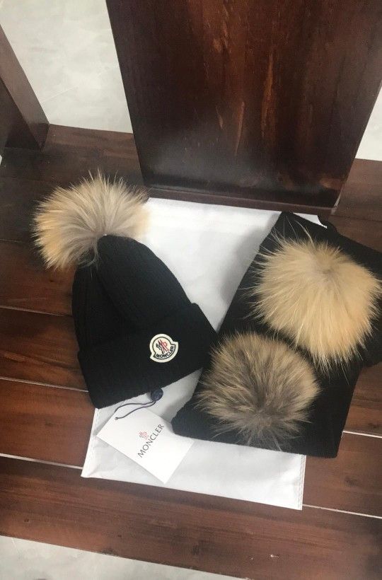 Moncler Beanie With Pom Pom Black (Kids set: hat scarf)