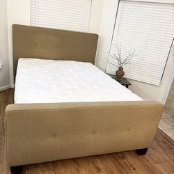 Queen Olive Green Upholstered Bed Frame + 5” Box Spring & pillow top Mattress Set- very nice $380