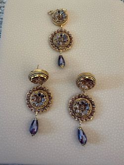 Gold-Tone Drop Earrings with Purple Crystal Pendants